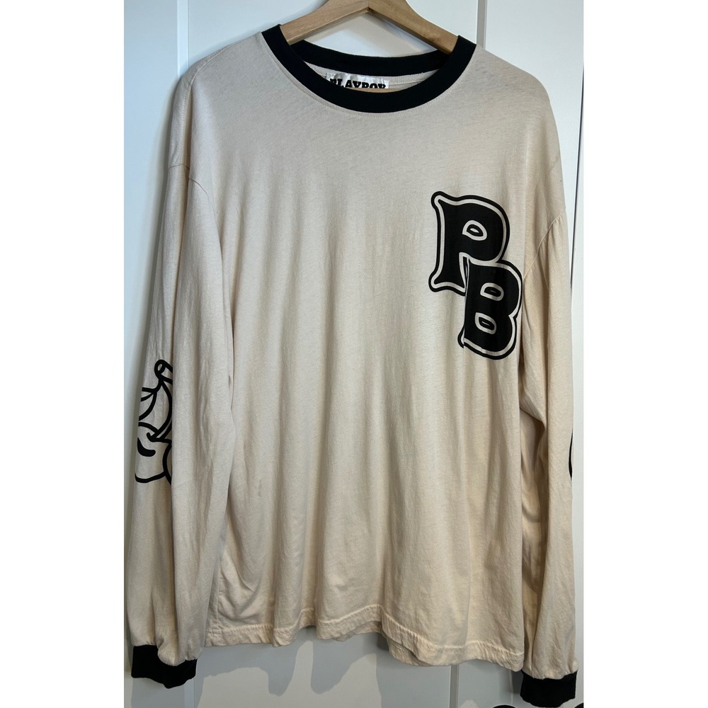 Playboy by PacSun Womens Cream Black Graphic Ringer Long Sleeve T-Shirt Large